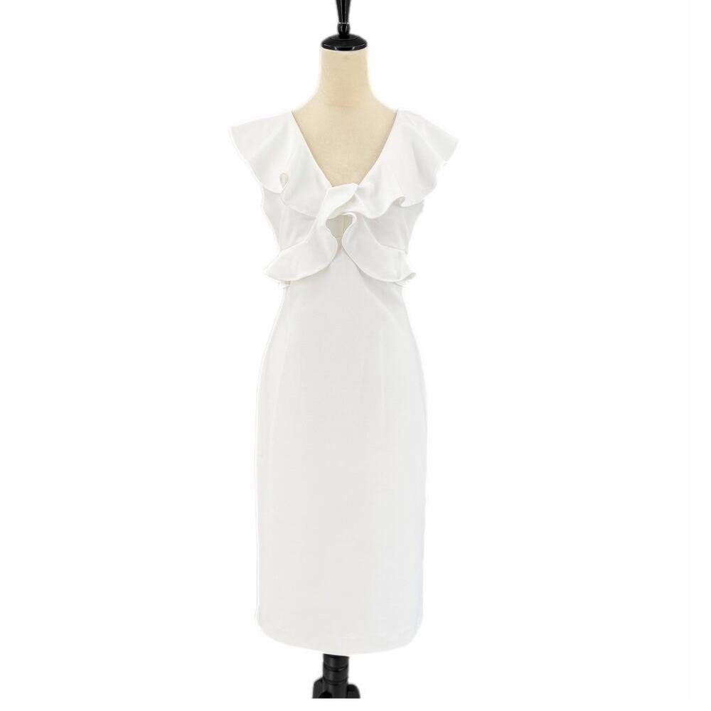 Antonio Melani White Ruffle Midi Bridal Bachelorette Wedding Shower Sheath Dress